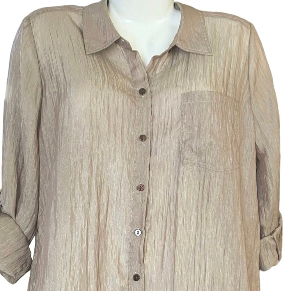Chico's Women's Tan Button-Up Roll Sleeve Semi-Sheer Blouse Career SZ 2 L/12 - Picture 5 of 9